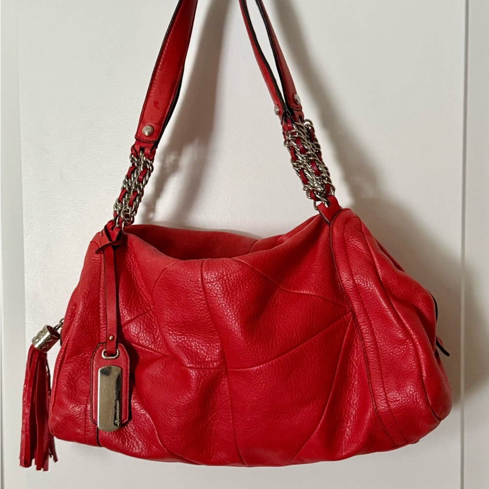 B Makowsky Red Pebbled Leather Hobo Shoulder Bag Silver Hardware Purse - Picture 2 of 11